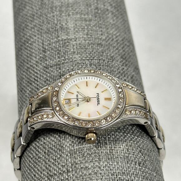 Fossil Blue Watch Womens 25mm Two-Tone MOP Dial Crystal Bezel Date New Battery - Picture 3 of 9